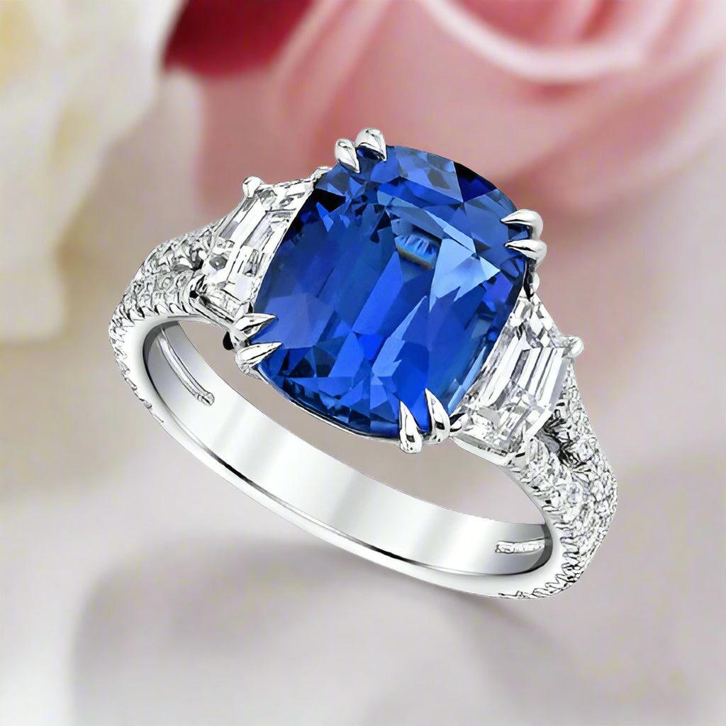 Split Shank Blue Sapphire Cushion Cut Three Stone Engagement Ring-Black Diamonds New York