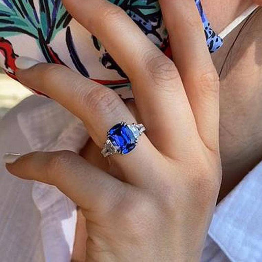 Split Shank Blue Sapphire Cushion Cut Three Stone Engagement Ring - Black Diamonds New York