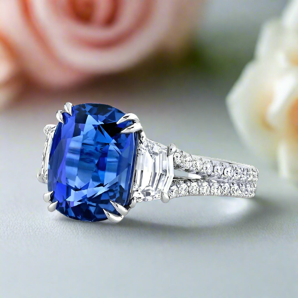 Split Shank Blue Sapphire Cushion Cut Three Stone Engagement Ring-Black Diamonds New York