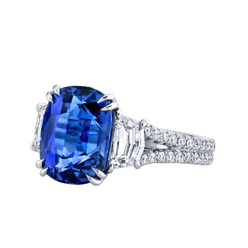 Split Shank Blue Sapphire Cushion Cut Three Stone Engagement Ring-Black Diamonds New York