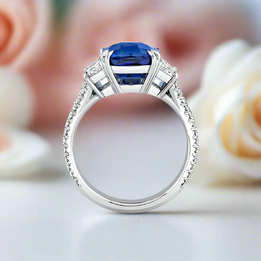 Split Shank Blue Sapphire Cushion Cut Three Stone Engagement Ring-Black Diamonds New York