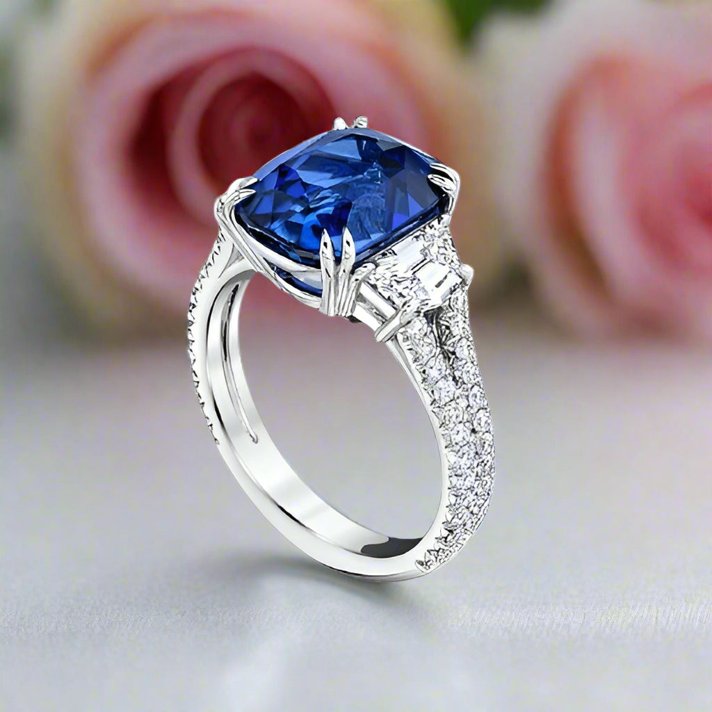 Split Shank Blue Sapphire Cushion Cut Three Stone Engagement Ring-Black Diamonds New York