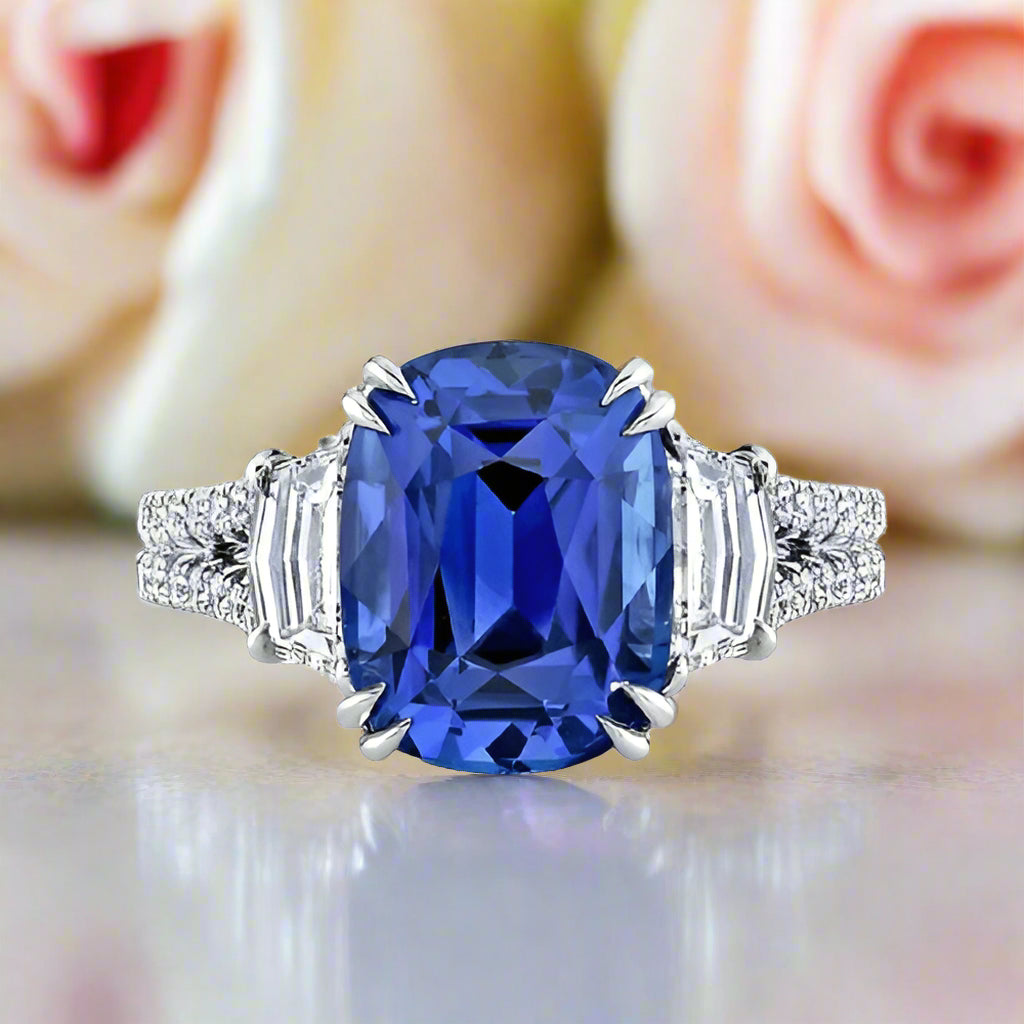 Split Shank Blue Sapphire Cushion Cut Three Stone Engagement Ring-Black Diamonds New York