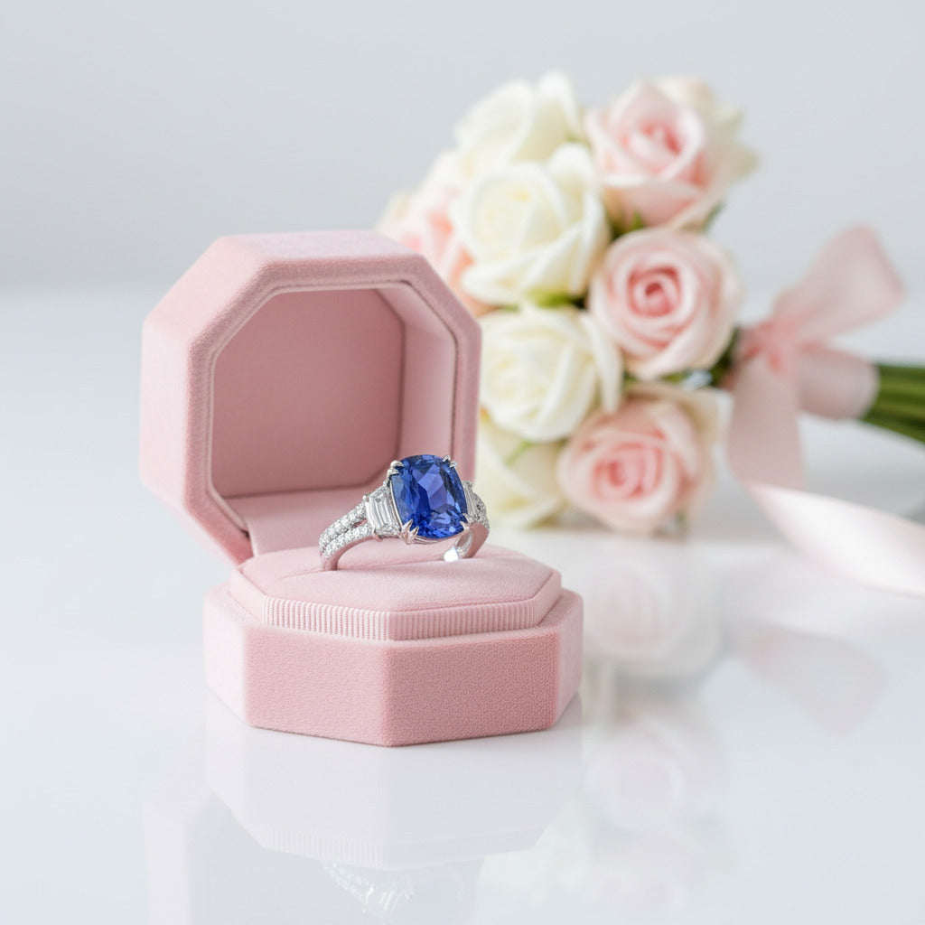 Split Shank Blue Sapphire Cushion Cut Three Stone Engagement Ring-Black Diamonds New York