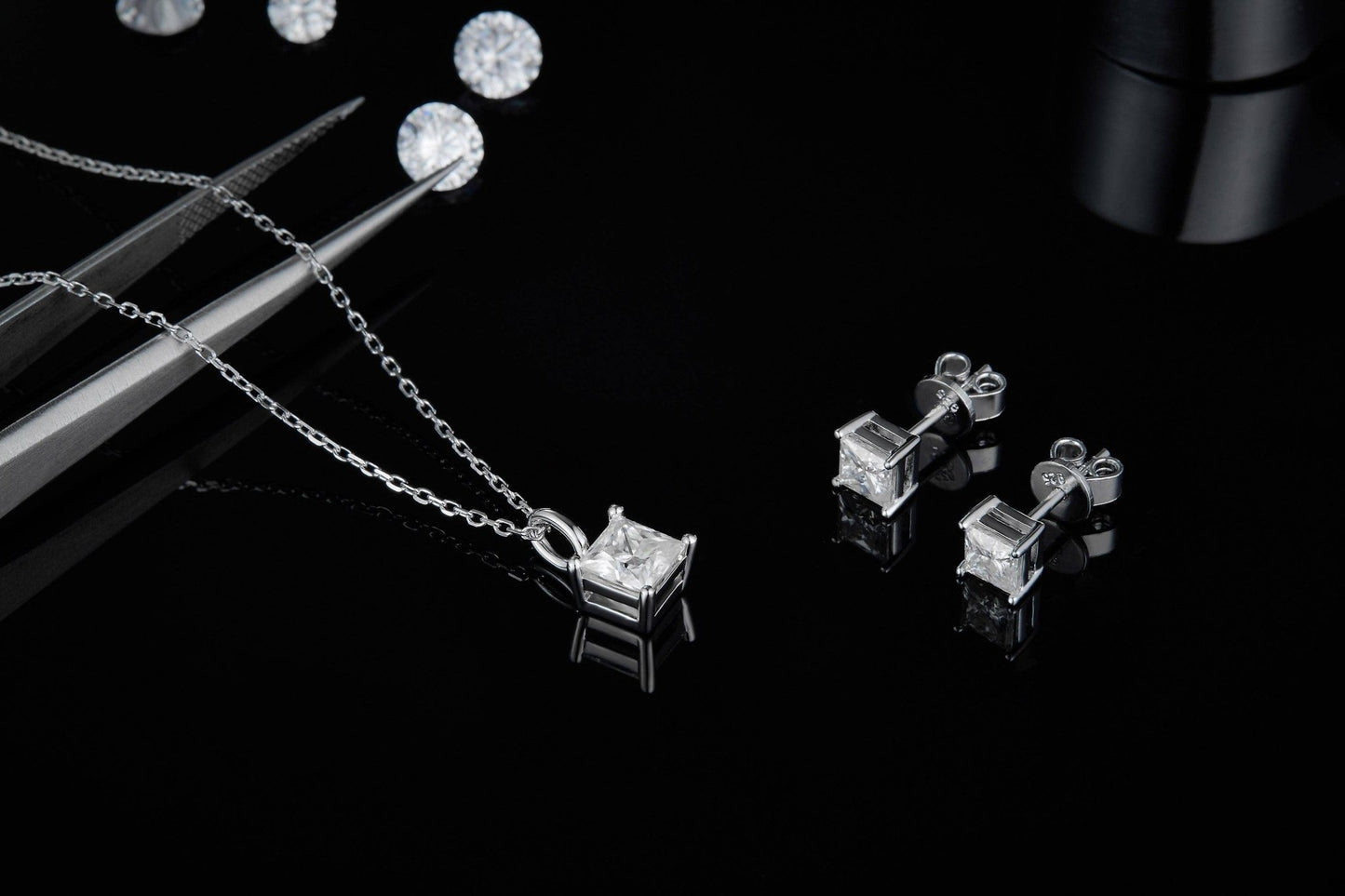 Square Cushion Cut Moissanite Necklace Earrings Set - Black Diamonds New York