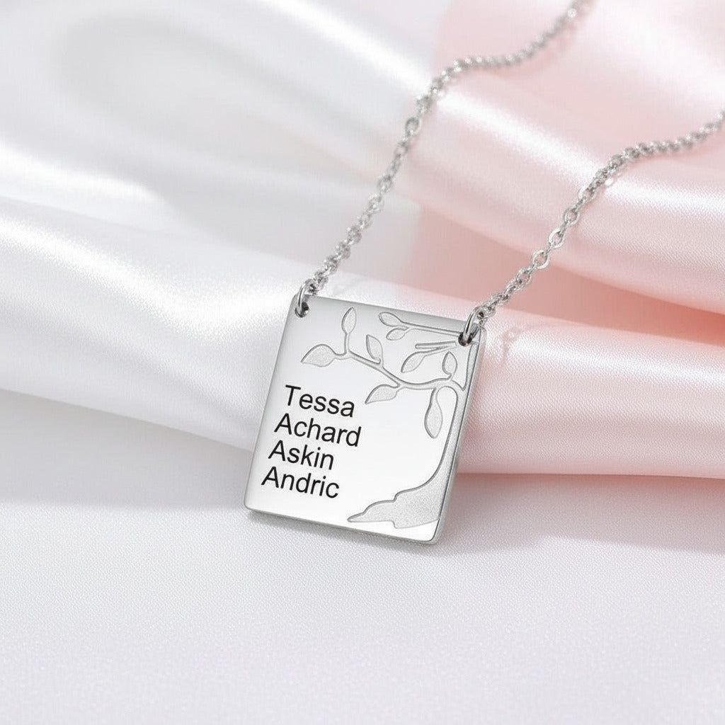Square Tree Custom Name Necklace-Black Diamonds New York