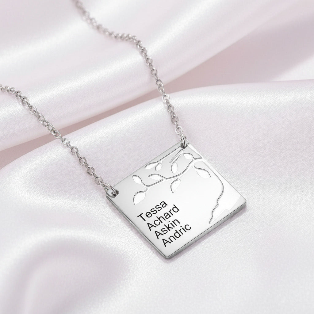 Square Tree Custom Name Necklace-Black Diamonds New York
