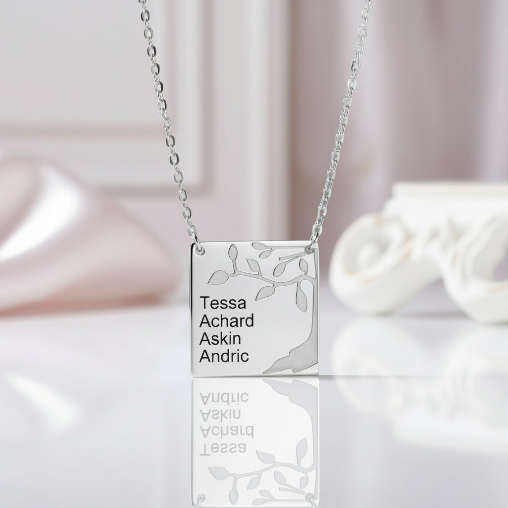 Square Tree Custom Name Necklace-Black Diamonds New York