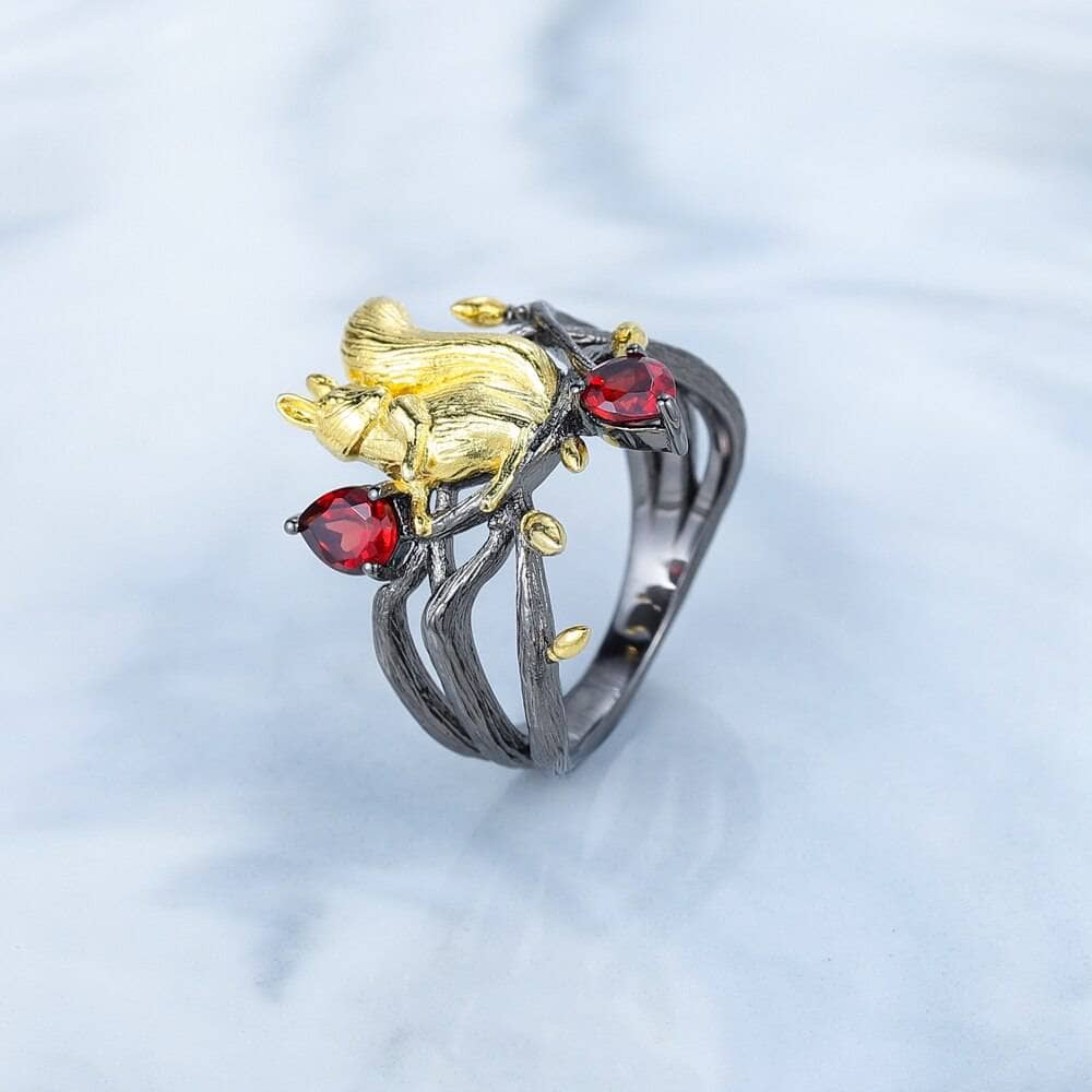Squirrel Garnet Gemstone Ring-Black Diamonds New York