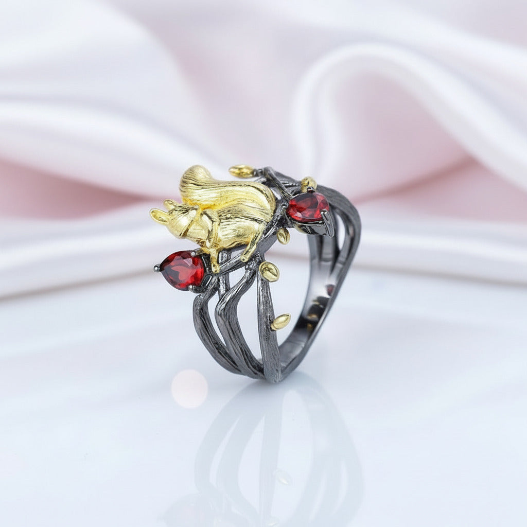 Squirrel Garnet Gemstone Ring-Black Diamonds New York