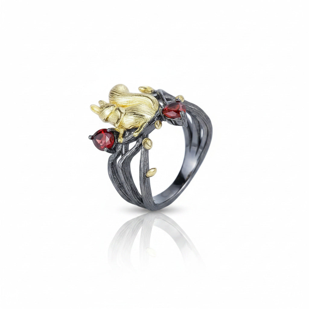 Squirrel Garnet Gemstone Ring-Black Diamonds New York