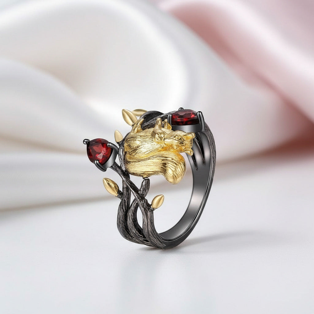 Squirrel Garnet Gemstone Ring-Black Diamonds New York