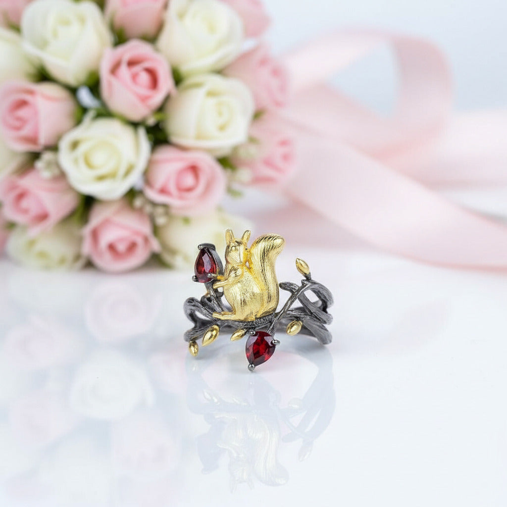 Squirrel Garnet Gemstone Ring-Black Diamonds New York