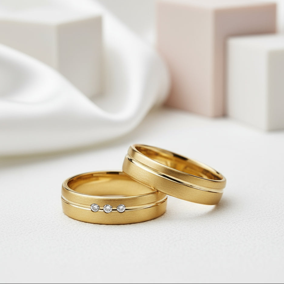 Stainless Steel Gold Plated His And Hers Ring Band-Black Diamonds New York