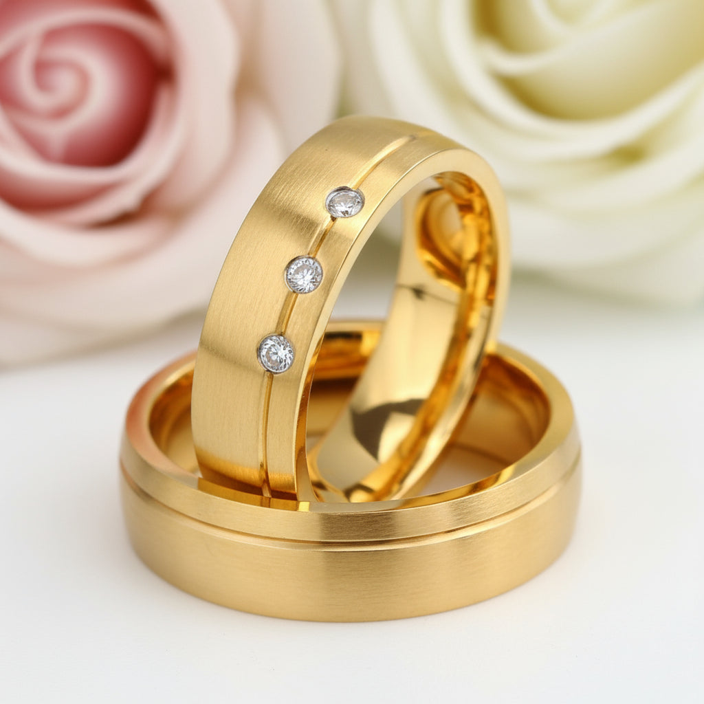 Stainless Steel Gold Plated His And Hers Ring Band-Black Diamonds New York