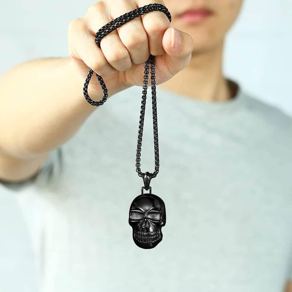 Stainless Steel Gothic Punk Skull Hip-hop Pendant Necklace-Black Diamonds New York