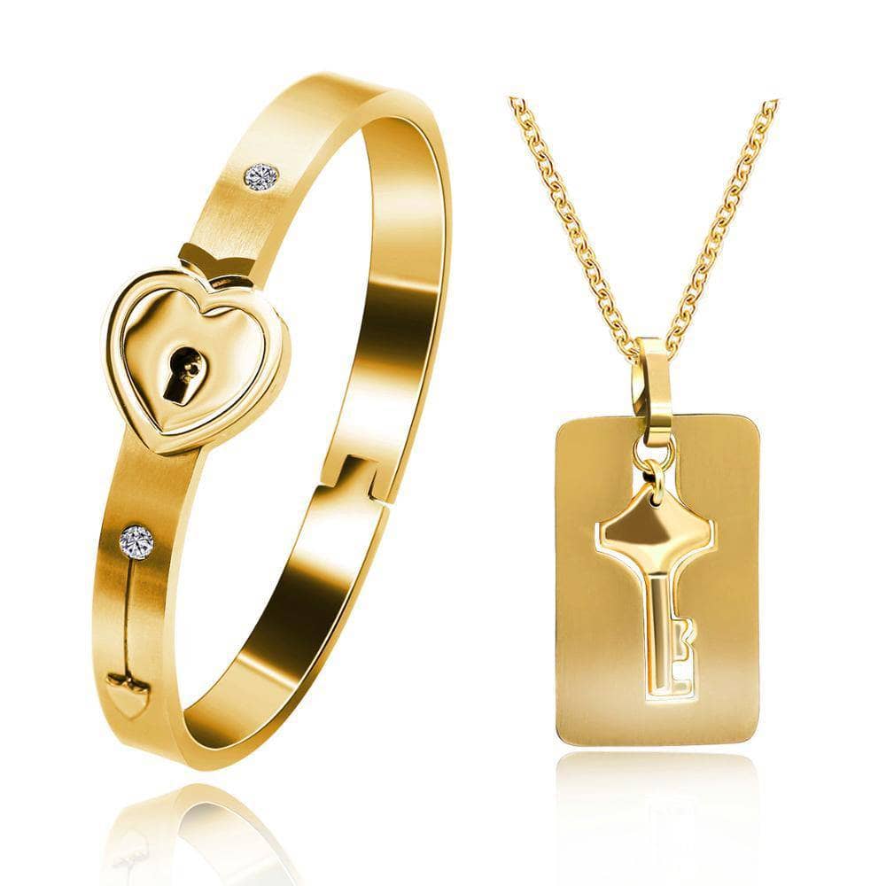 Stainless Steel Lock and Key Necklace and Bracelet for Couple's from Black Diamonds New York Yellow Gold