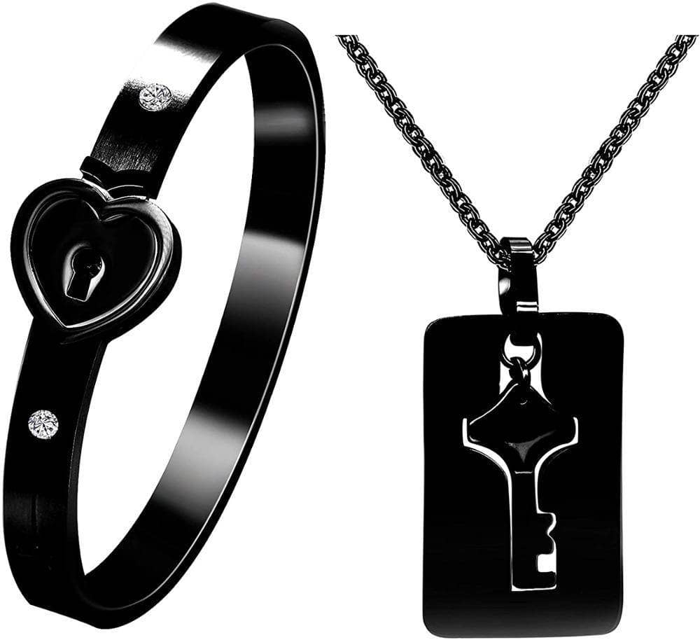 Stainless Steel Lock and Key Necklace and Bracelet For Couple's-Black Diamonds New York