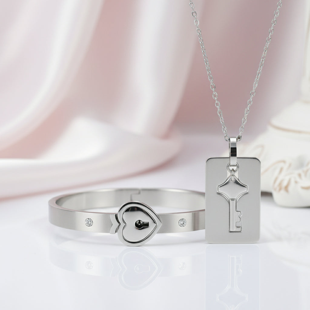 Lock and Key Necklace and Bracelet For Couples-Black Diamonds New York