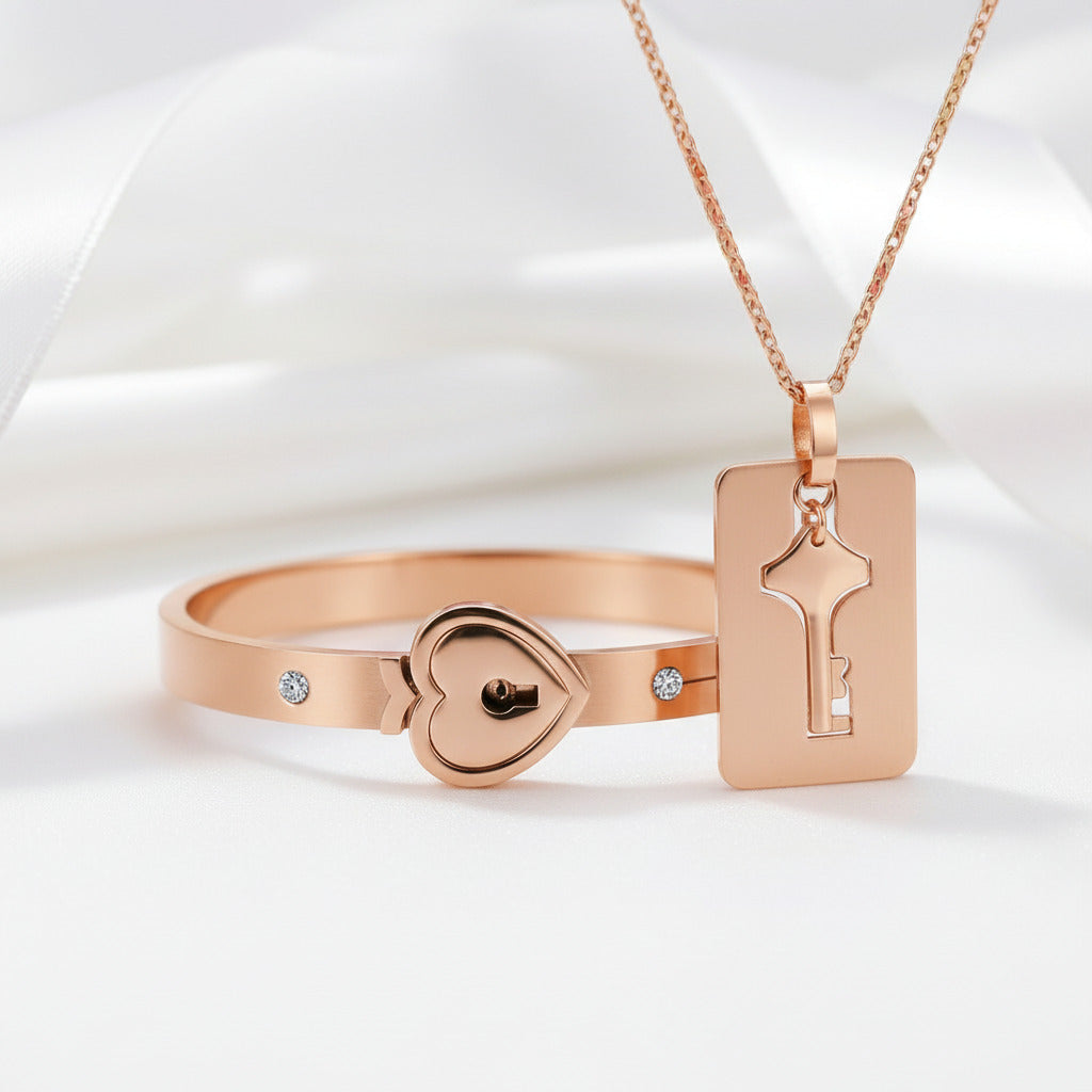 Lock and Key Necklace and Bracelet For Couples – Black Diamonds
