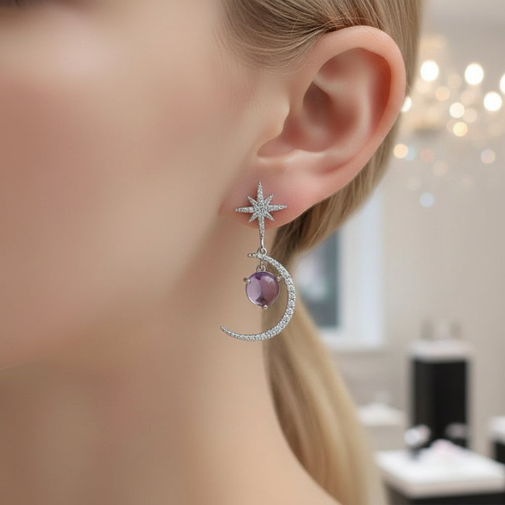 Star And Moon Statement Drop Earrings-Black Diamonds New York