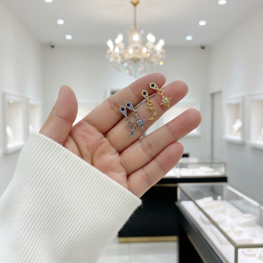Star & Crescent Moon Drop Earrings-Black Diamonds New York