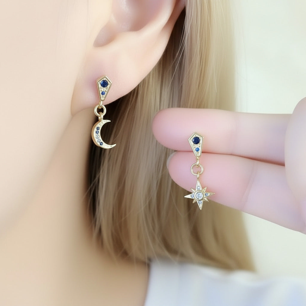 Star & Crescent Moon Drop Earrings-Black Diamonds New York