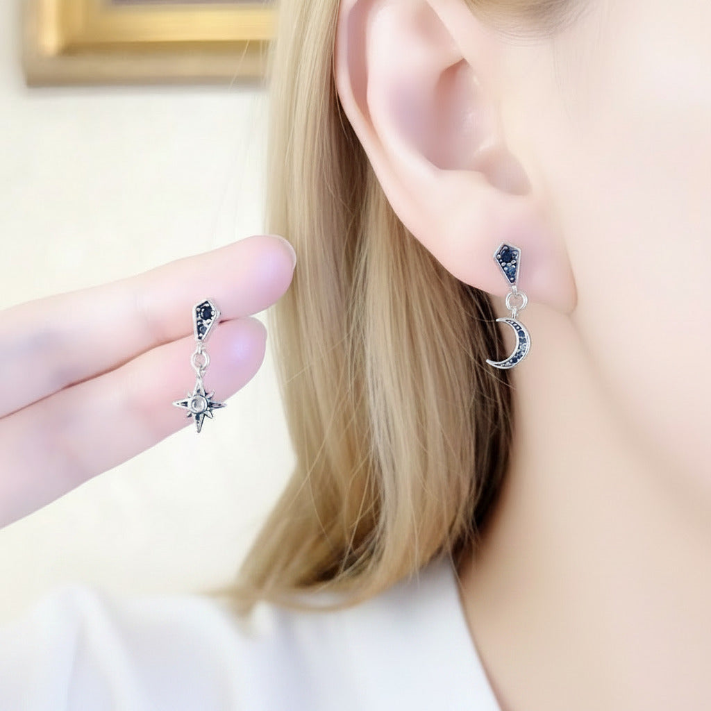Star & Crescent Moon Drop Earrings-Black Diamonds New York