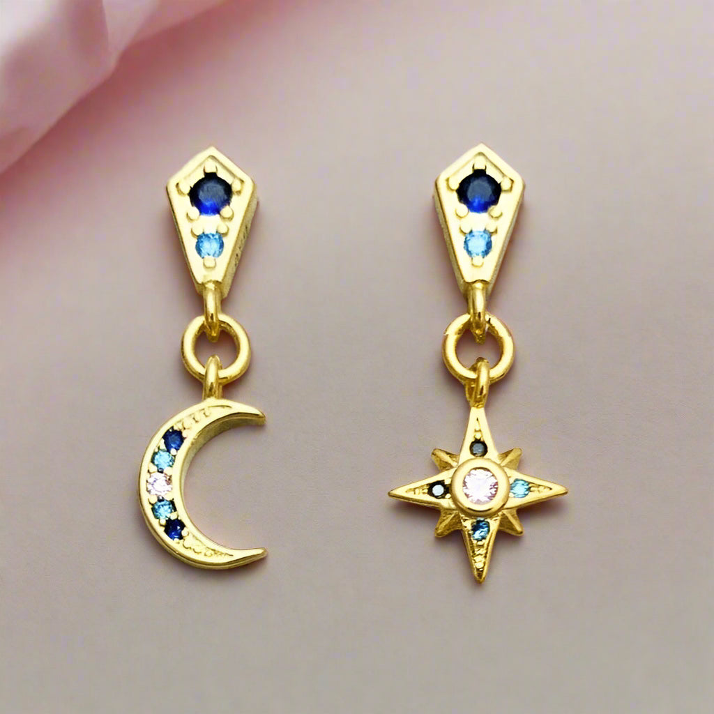 Star & Crescent Moon Drop Earrings-Black Diamonds New York