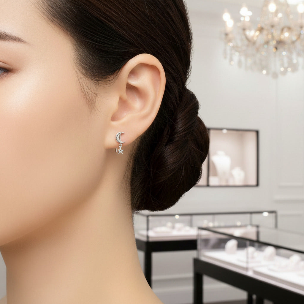 Star & Moon Piercing Earrings-Black Diamonds New York