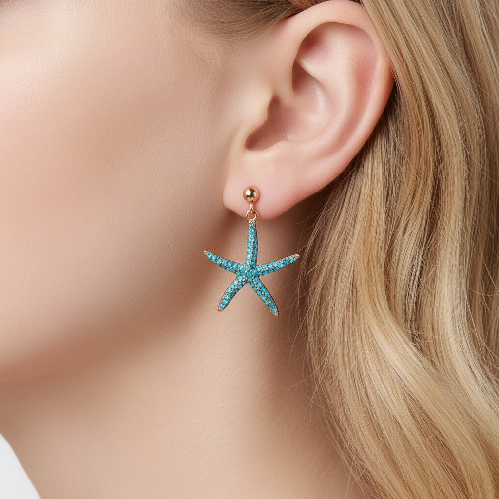 Blue Starfish Earrings-Black Diamonds New York