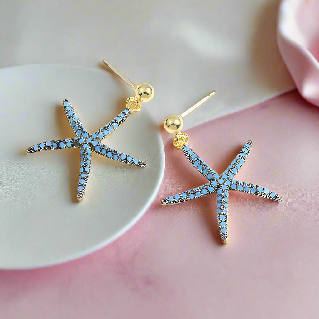 Blue Starfish Earrings-Black Diamonds New York