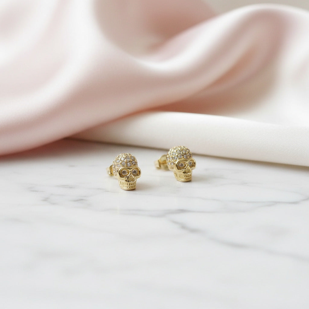 Street Punk Golden Skull Pave Stud Earrings-Black Diamonds New York