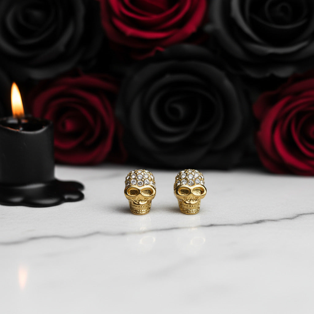 Street Punk Golden Skull Pave Stud Earrings-Black Diamonds New York