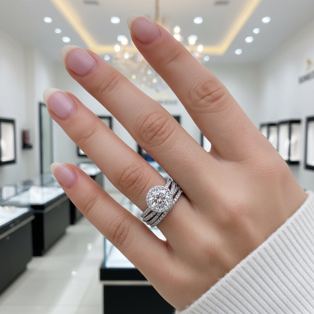 Stunning Halo Round Cut Simulated Diamond Option Bridal Ring Set-Black Diamonds New York