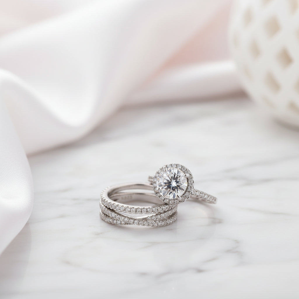 Stunning Halo Round Cut Simulated Diamond Option Bridal Ring Set-Black Diamonds New York