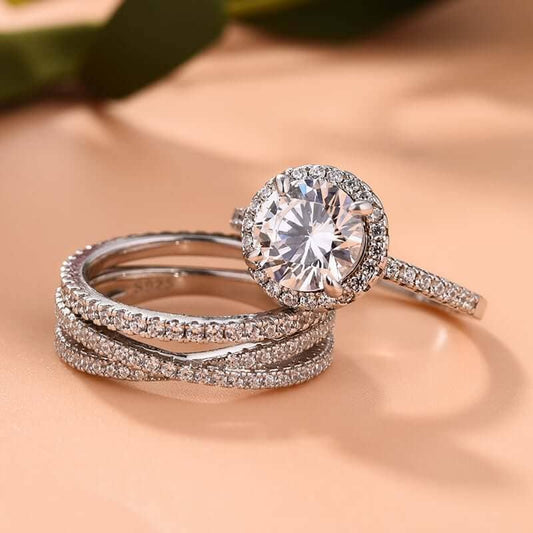 Stunning Halo Round Cut Sona Simulated Diamond Bridal Ring Set-Black Diamonds New York