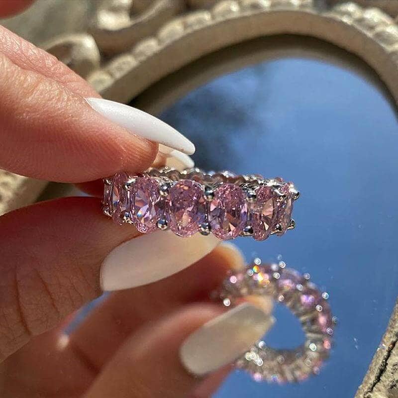 Stunning Oval Cut Pink Sapphire Simulated Diamond Ring Band-Black Diamonds New York