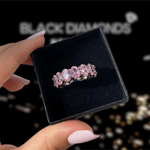 Stunning Oval Cut Pink Sapphire Simulated Diamond Ring Band-Black Diamonds New York