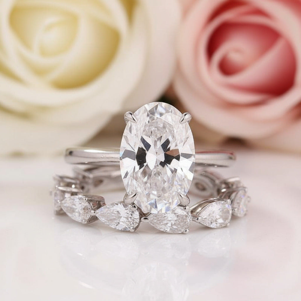 Stunning Oval & Pear Cut Simulated Diamond Bridal Ring Set-Black Diamonds New York