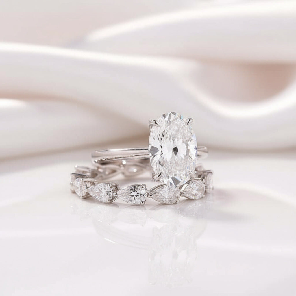 Stunning Oval & Pear Cut Simulated Diamond Bridal Ring Set-Black Diamonds New York