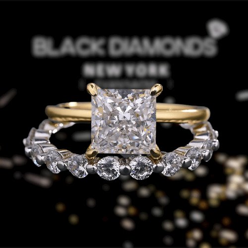 Stunning Yellow Gold 2.5 Carat Princess Cut Bridal Ring Set - Black Diamonds New York