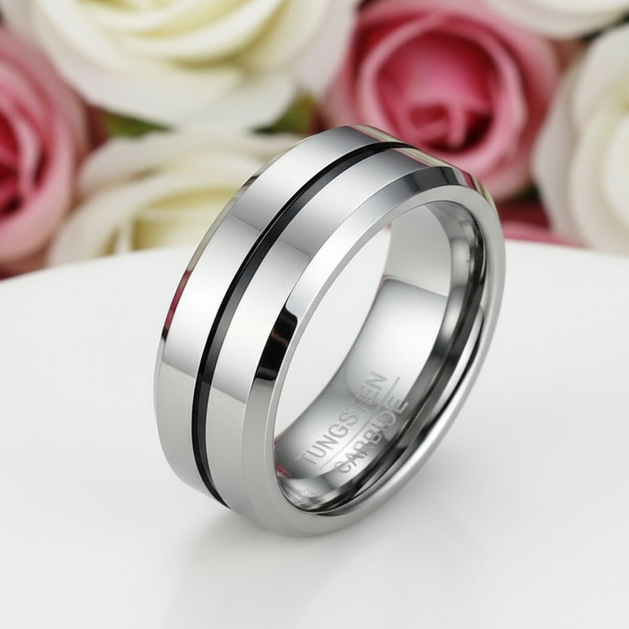 Stylish 8mm Tungsten Men's Wedding Band-Black Diamonds New York