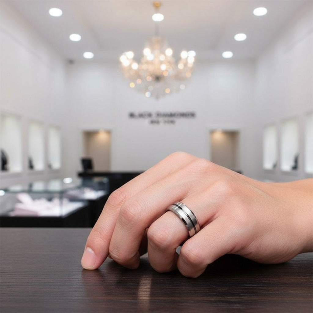 Stylish 8mm Tungsten Men's Wedding Band-Black Diamonds New York