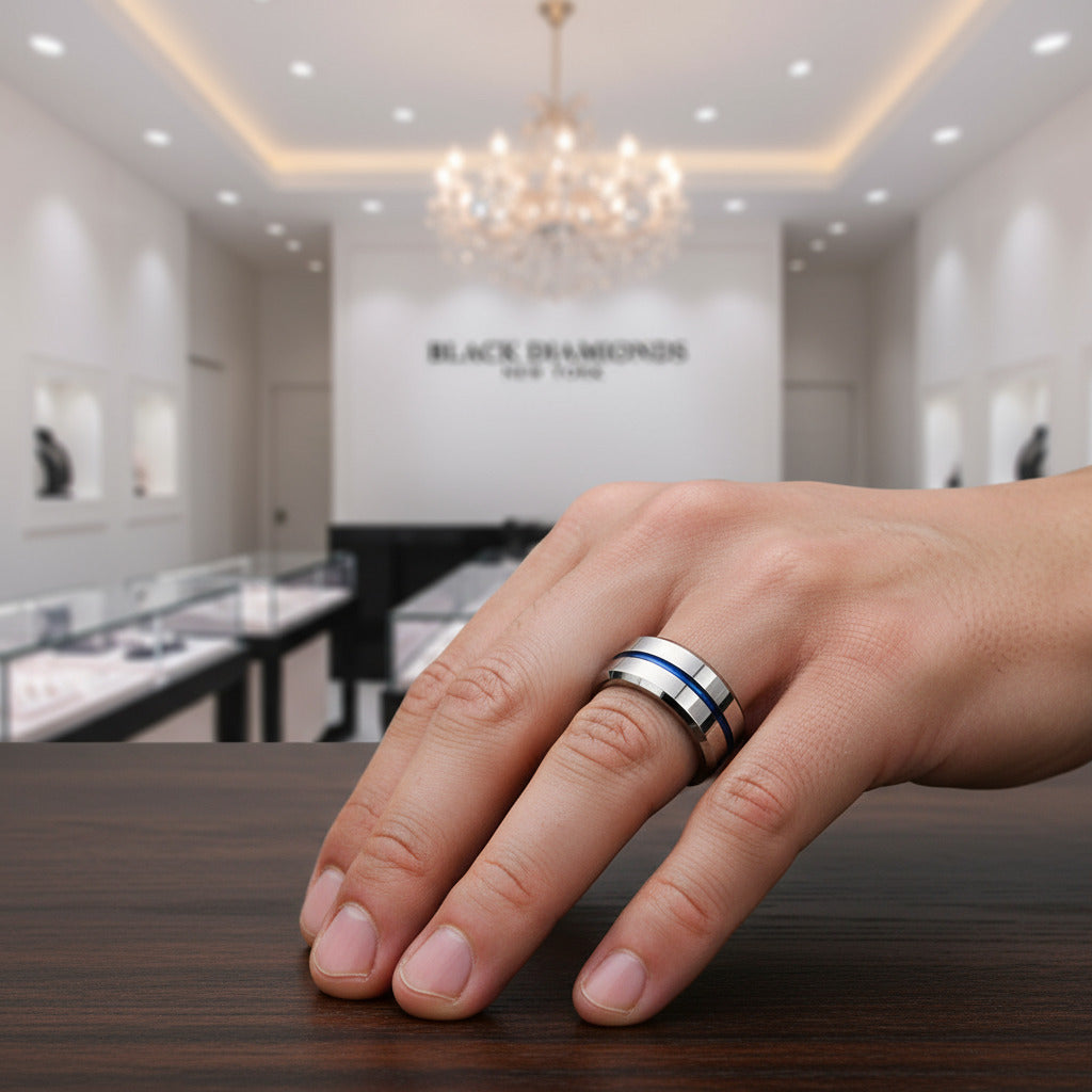 Stylish 8mm Tungsten Men's Wedding Band-Black Diamonds New York