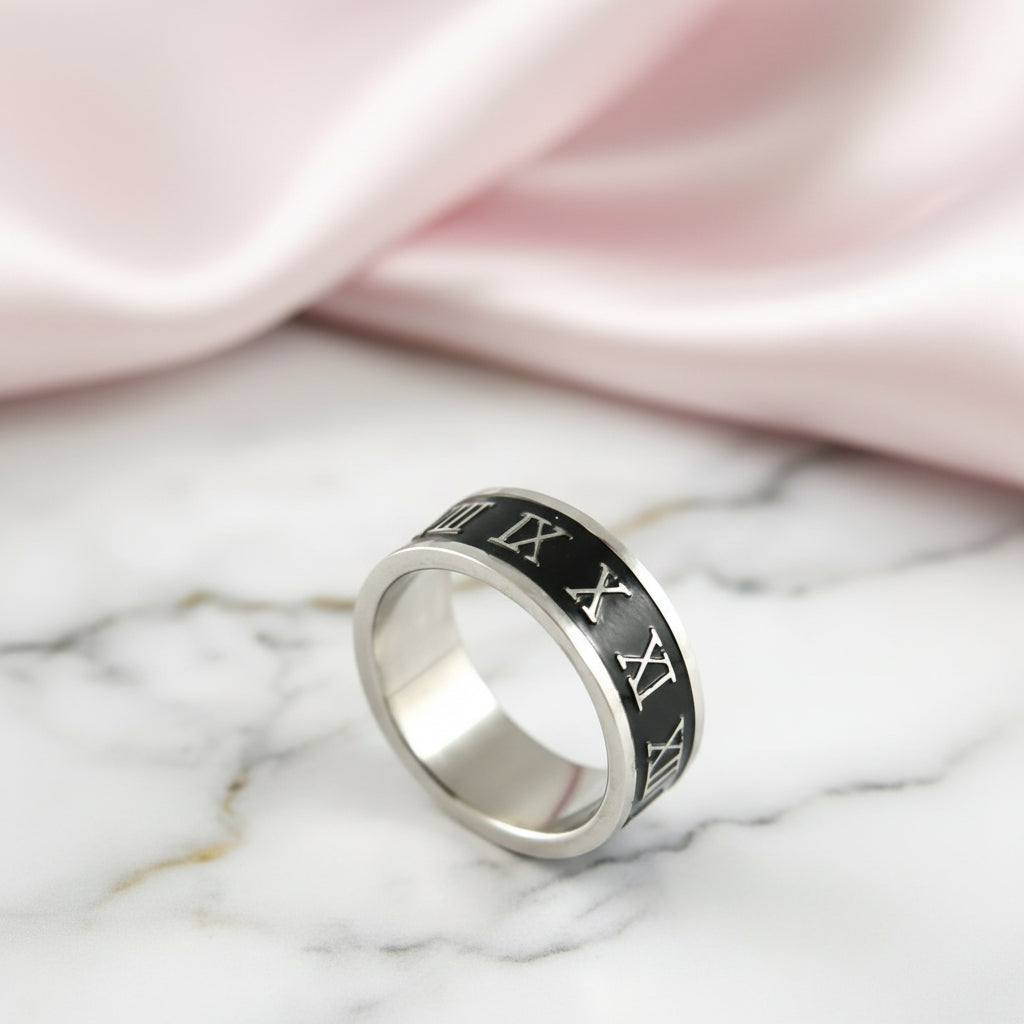 Stylish Roman Number Stainless Steel Ring Band-Black Diamonds New York