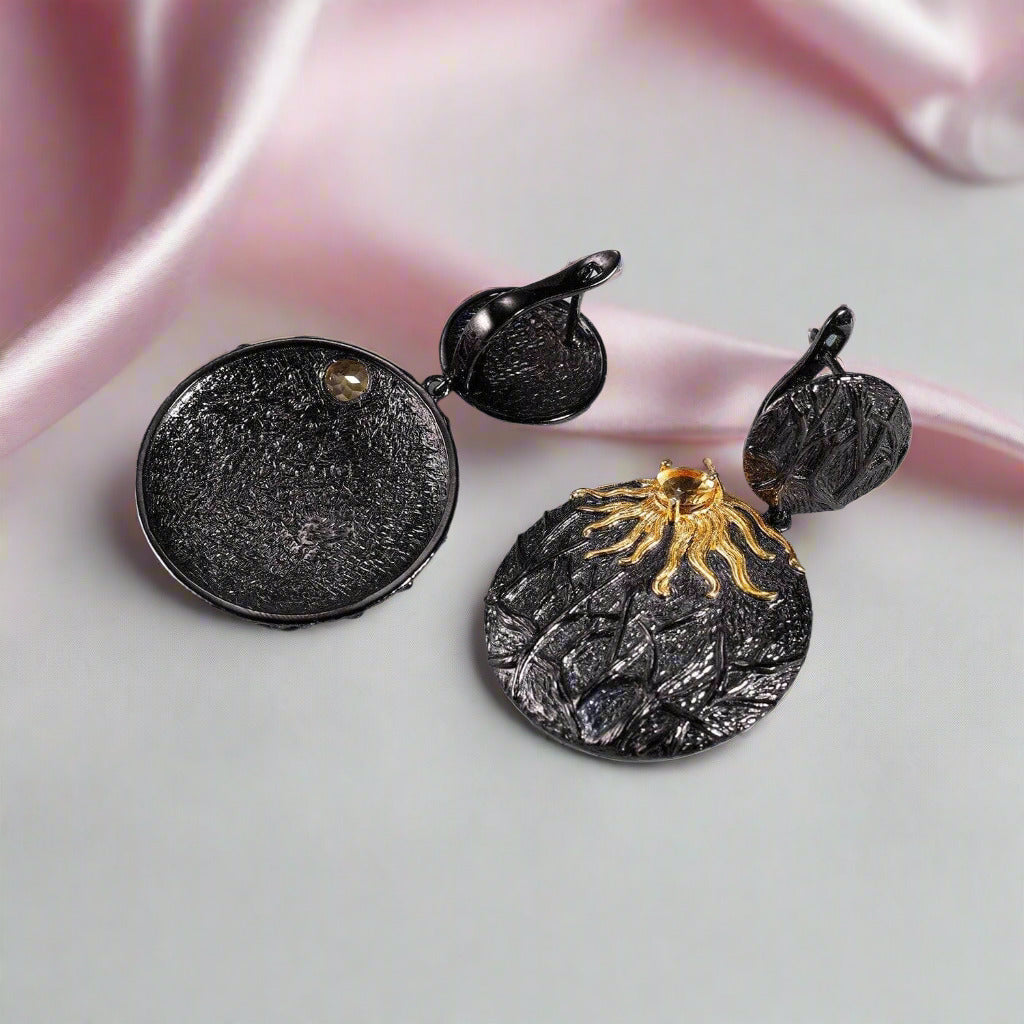Sun Chaser Citrine Gemstone Drop Earrings-Black Diamonds New York