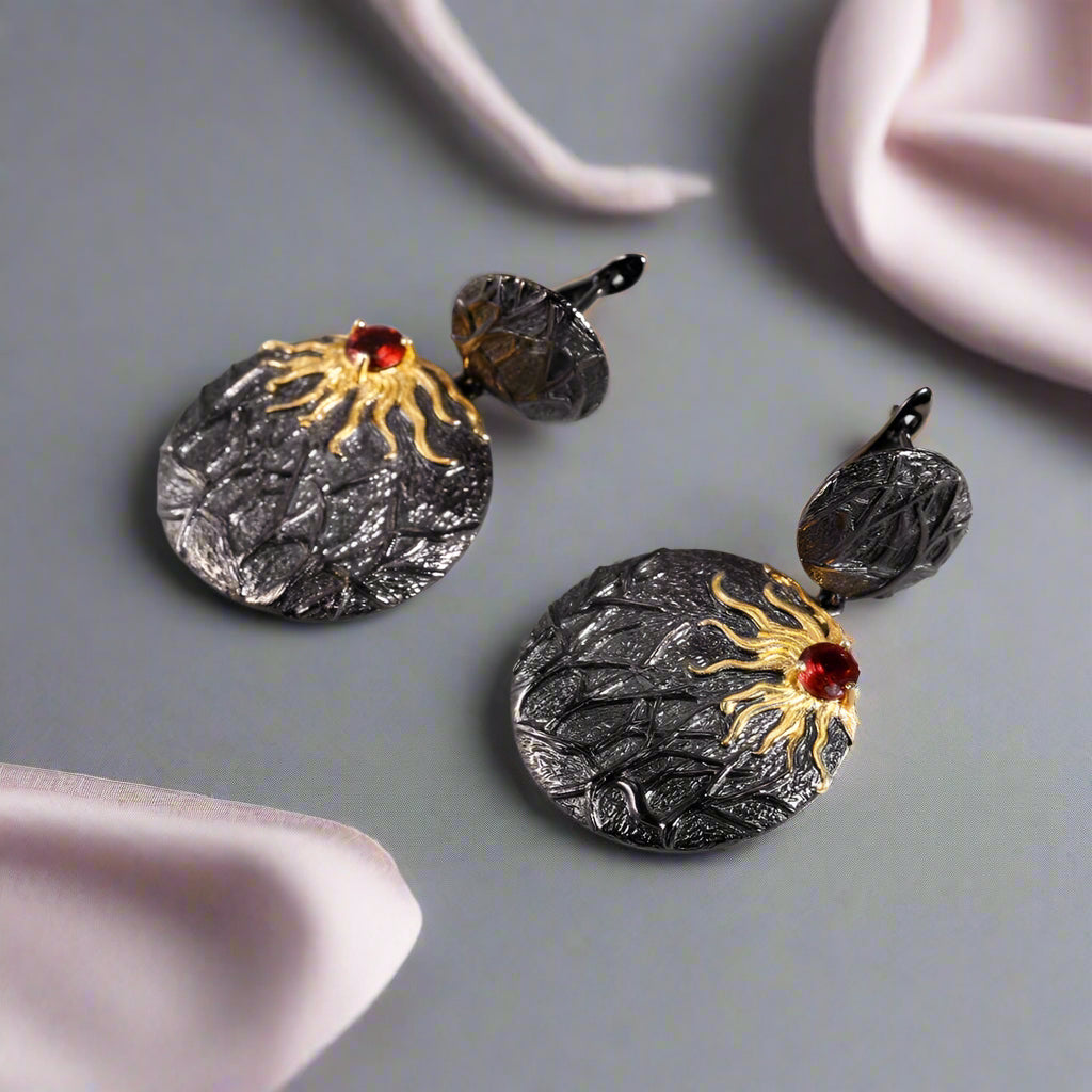 Sun Chaser Natural Garnet Handmade Gemstone Drop Earrings-Black Diamonds New York