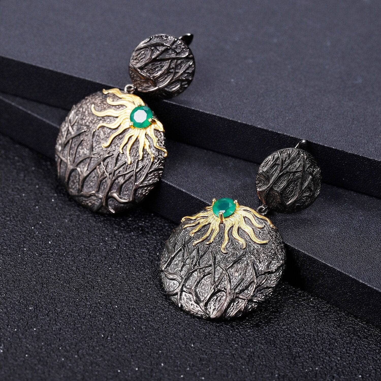 Sun Chaser Natural Green Agate Gemstone Drop Earrings-Black Diamonds New York