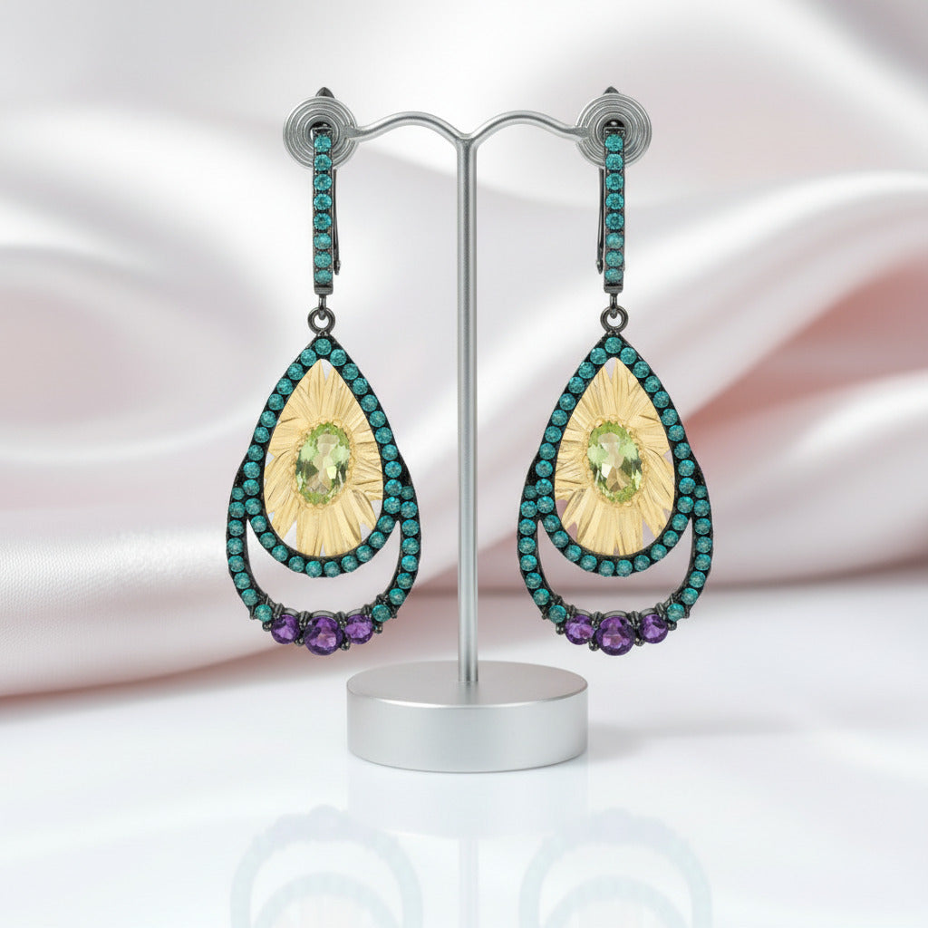Sun Flower Handmade Flower Dangle Earrings-Black Diamonds New York